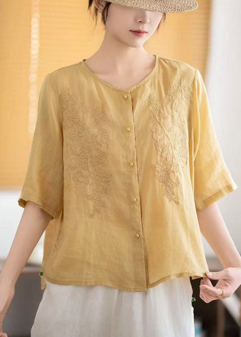 Grey Tops Embroidered Sleeve Linen Boho Half