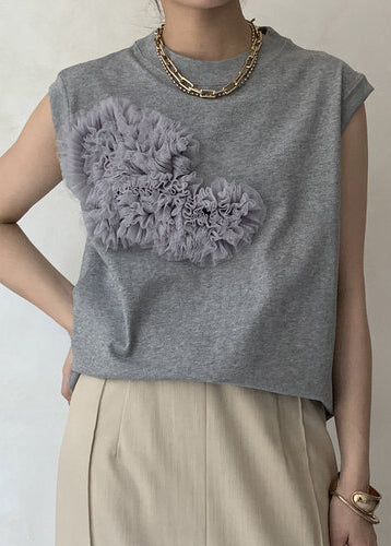 Cotton Tank Boho Tops Floral Decorated Grey Sleeveless