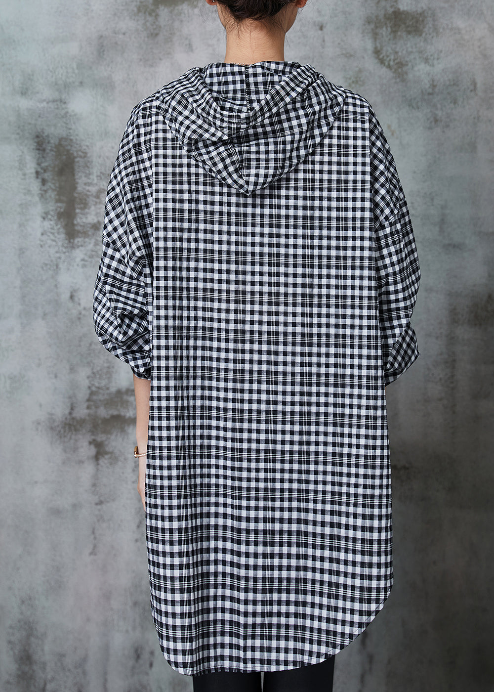 Boho Grey Hooded Plaid Linen Long Shirt Summer AL1018