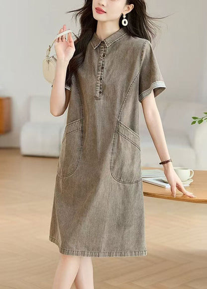 Pockets Collar Denim Pan Peter Summer Grey Day Dresses Boho
