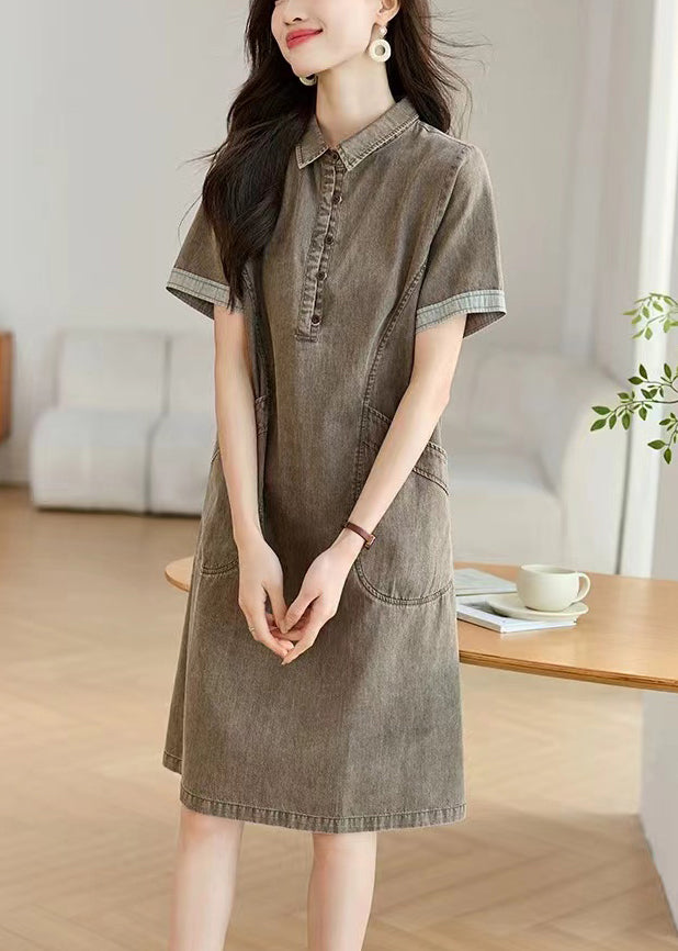 Pockets Collar Denim Pan Peter Summer Grey Day Dresses Boho
