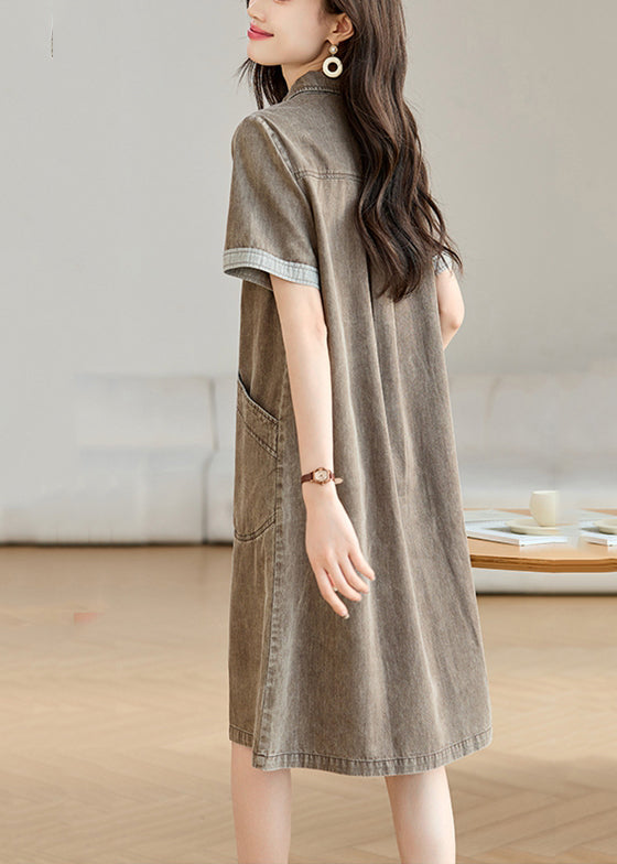 Collar Day Pockets Dresses Pan Grey Summer Boho Denim Peter