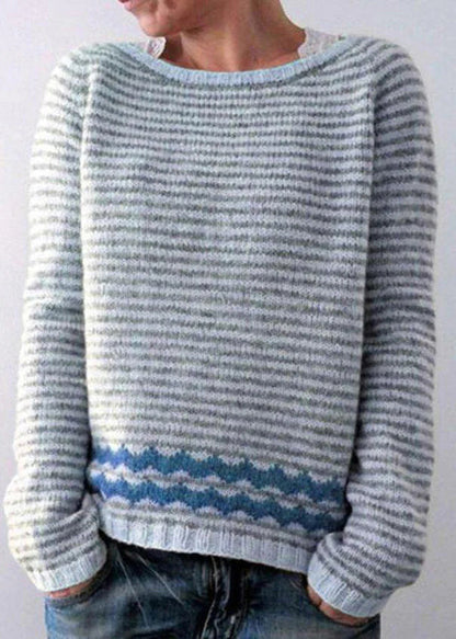 Boho Grey Striped O Neck Cozy Knit Sweaters Fall QA057