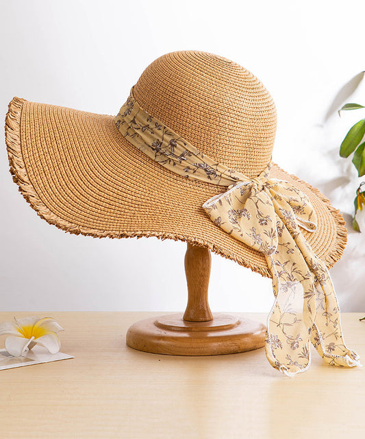 Sun Bow Floppy Straw Hat Boho Side Big Woven Khaki