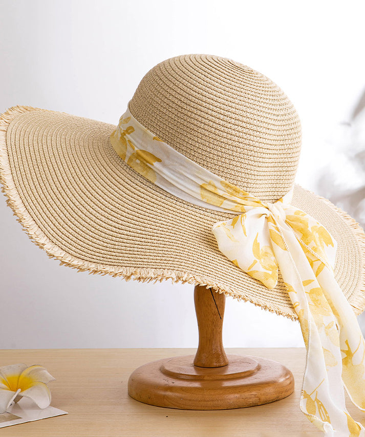 Sun Bow Floppy Straw Hat Boho Side Big Woven Khaki
