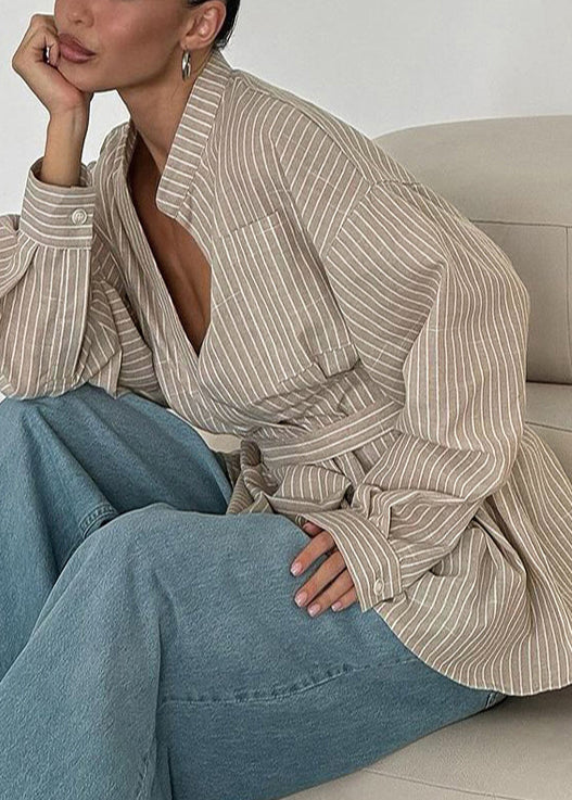 Khaki Fall Boho Striped Top Tunic Linen Shirt