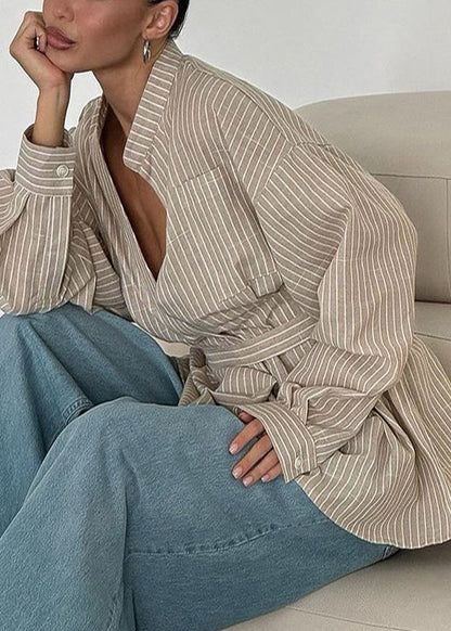 Khaki Fall Boho Striped Top Tunic Linen Shirt