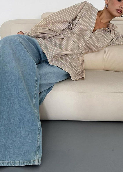 Khaki Fall Boho Striped Top Tunic Linen Shirt