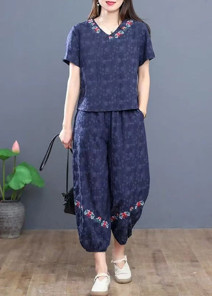Summer Boho Pieces Navy Cotton Set Embroidered Two