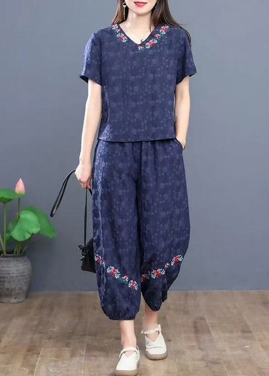 Summer Boho Pieces Navy Cotton Set Embroidered Two