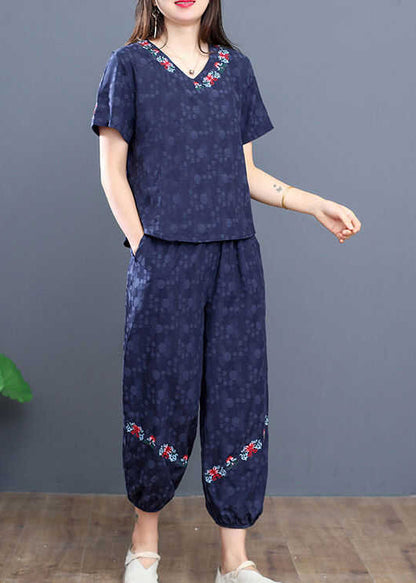 Summer Boho Pieces Navy Cotton Set Embroidered Two