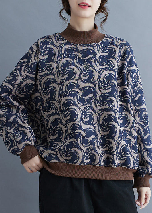 Boho Navy Print Patchwork Warm Fleece Sweatshirt Top Spring TM011