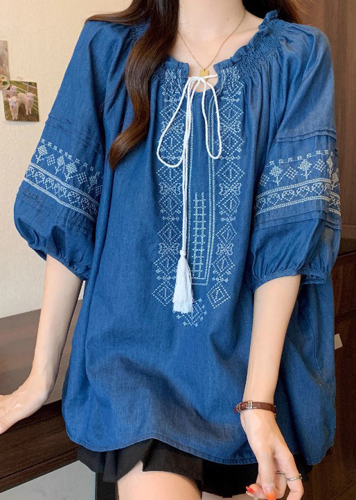 Cotton Sleeve Navy Embroidered Bracelet Ruffled Blouses Boho
