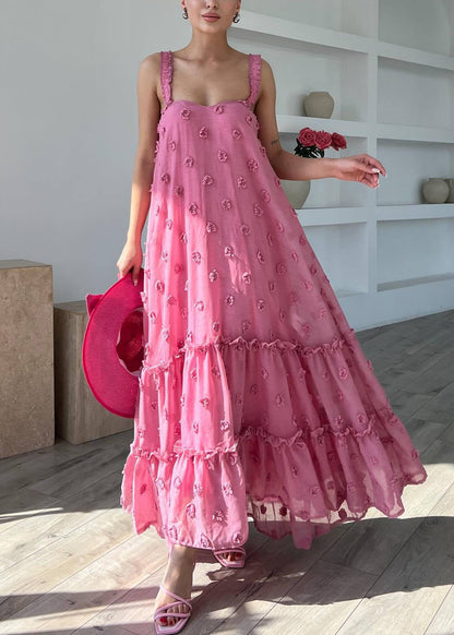 Floral Strap Ruffled Pink Dress Spaghetti Boho Cotton Sleeveless