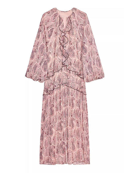 Ruffled Neck Boho Chiffon Pink Print Dresses V Fall