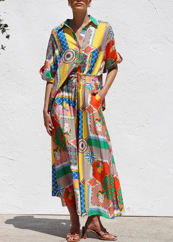 Piece Shirts Two Boho Print Short Set And Maxi Skirts Sleeve