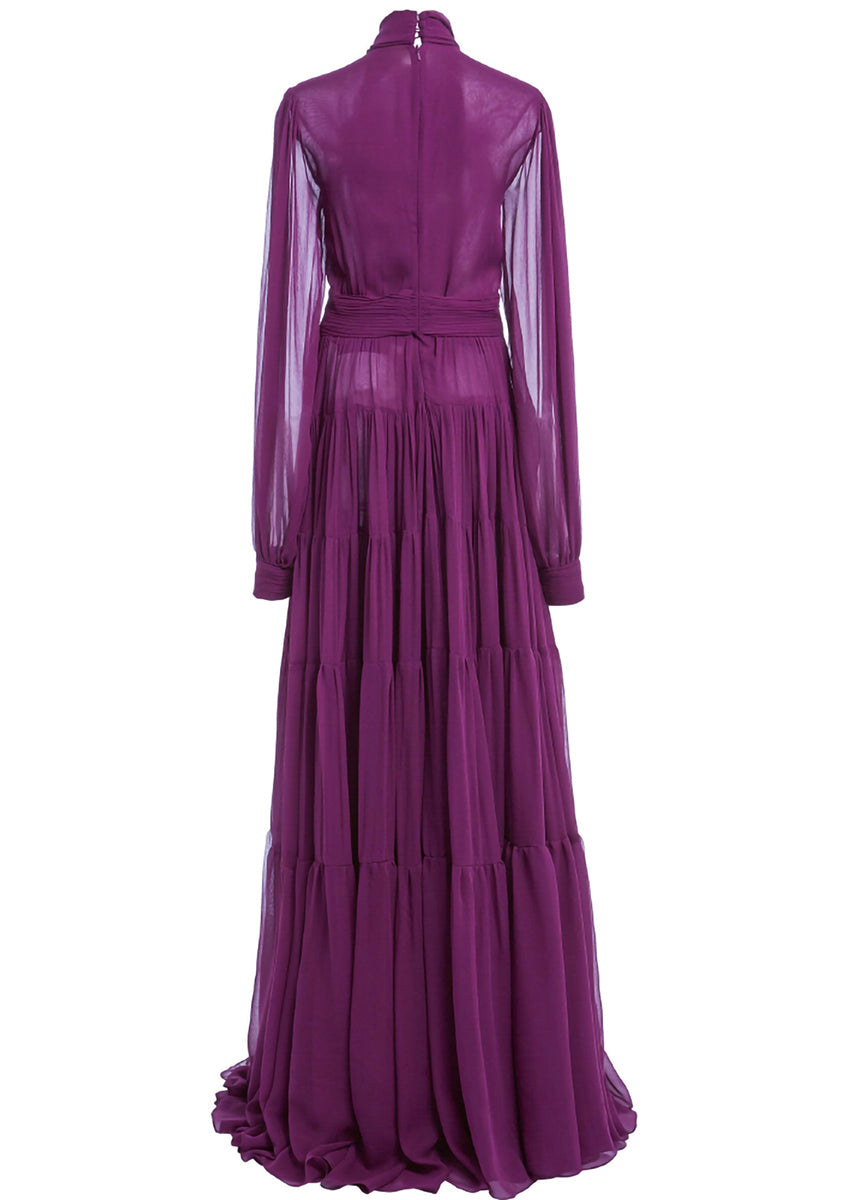 Robe Boho en mousseline de soie froissée ajourée avec nœud violet pour l'automne QR041