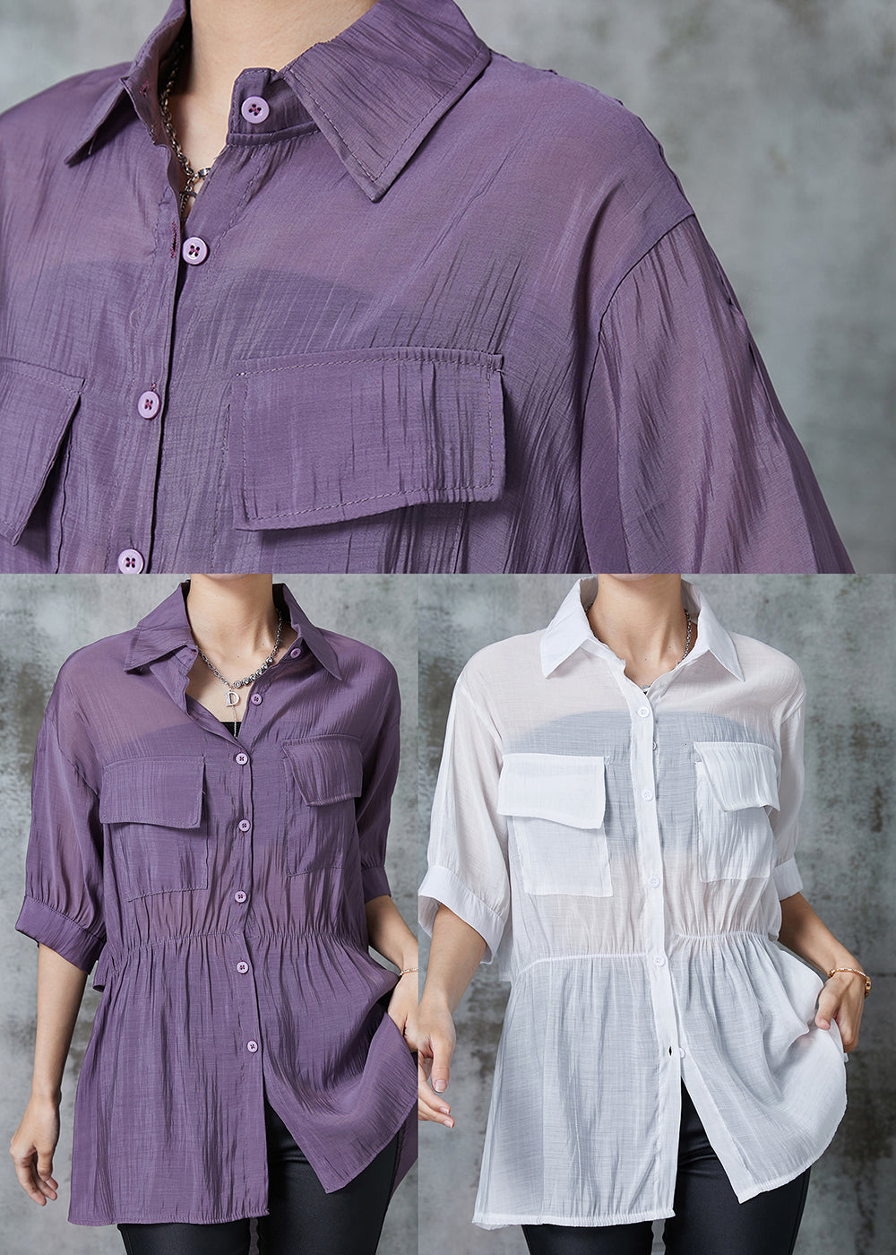 Boho Purple Cinched Pockets Cotton Blouse Tops Summer AL1023