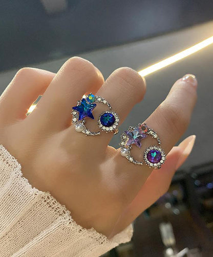Star Rings Moon Pearl Boho Zircon Purple Copper