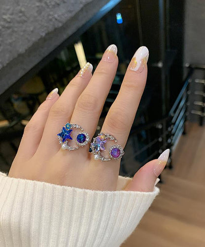Star Rings Moon Pearl Boho Zircon Purple Copper