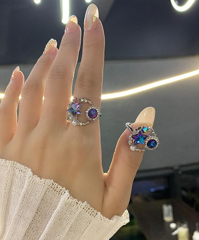 Star Rings Moon Pearl Boho Zircon Purple Copper