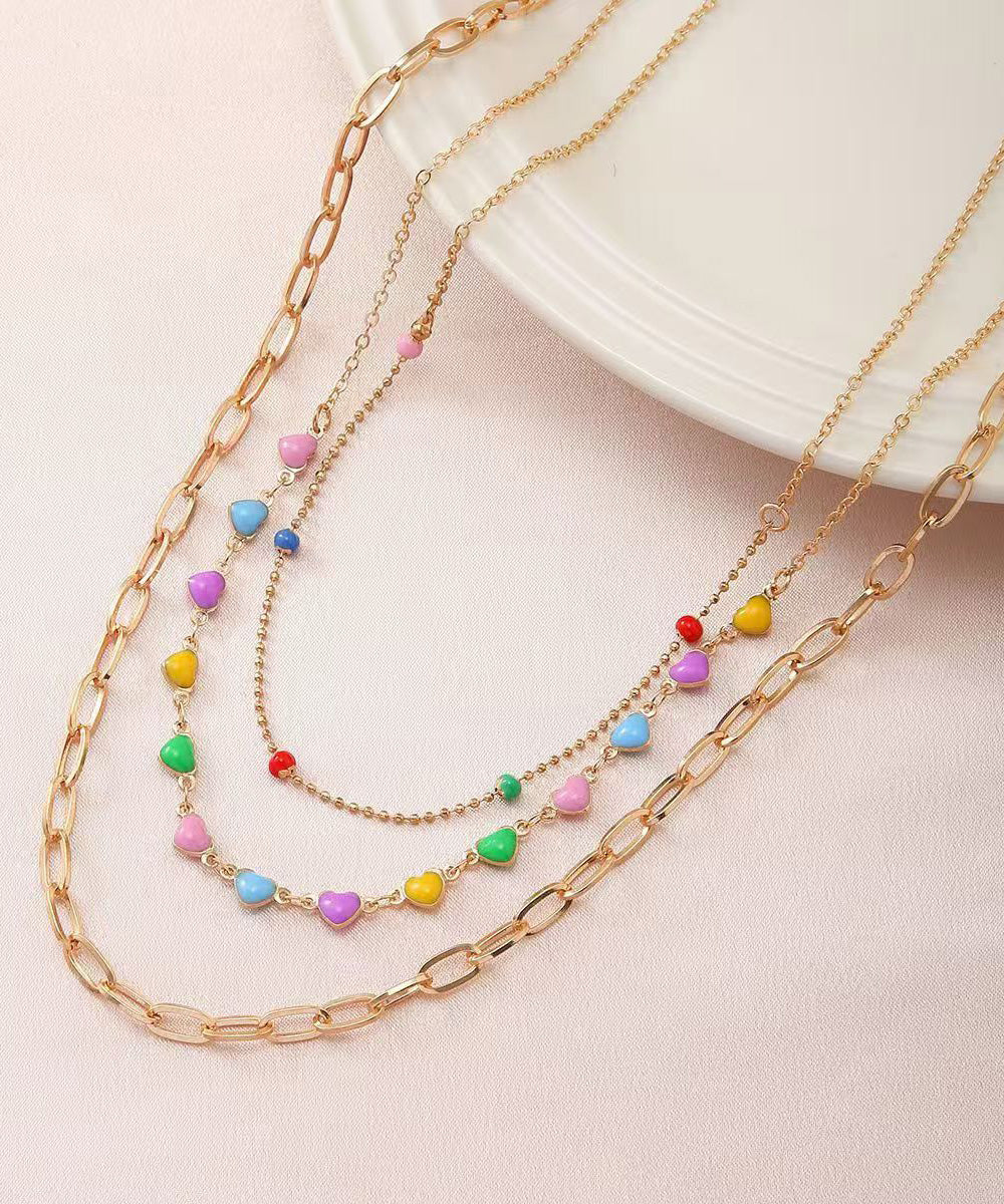 Boho Rainbow Alloy Beading Broken Silver Love Three Piece Set Princess Necklace RG014