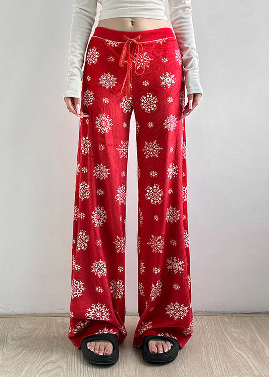 Fall Straight Tie Pants Boho Print Red Waist Silk Velvet