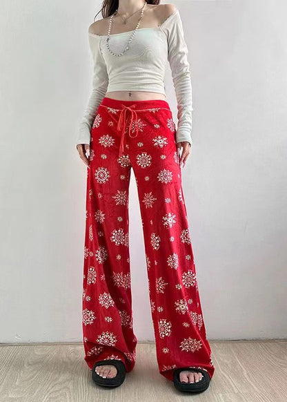 Fall Straight Tie Pants Boho Print Red Waist Silk Velvet