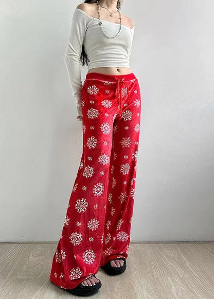 Fall Straight Tie Pants Boho Print Red Waist Silk Velvet