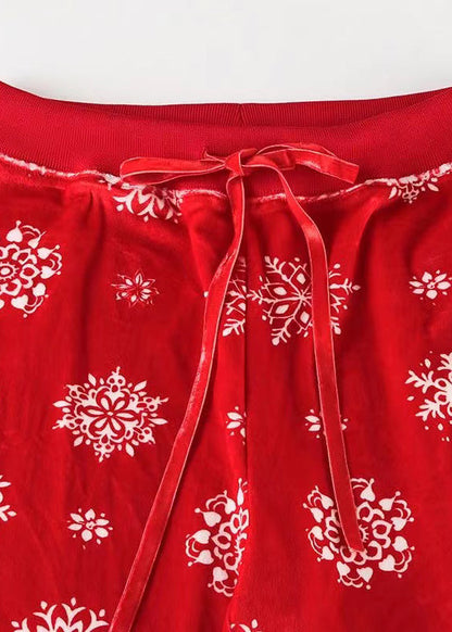 Fall Straight Tie Pants Boho Print Red Waist Silk Velvet