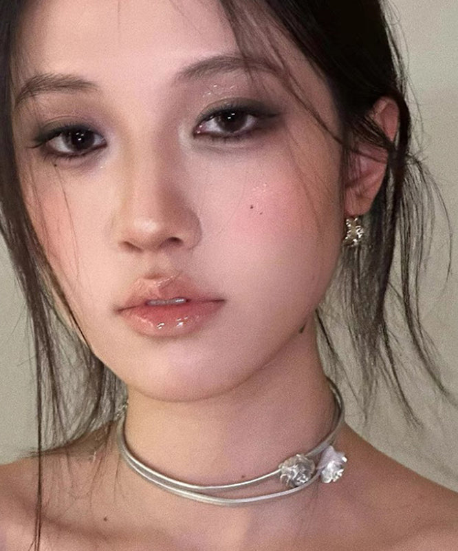 Double-Layer Boho Choker Rose Silk Stainless Steel