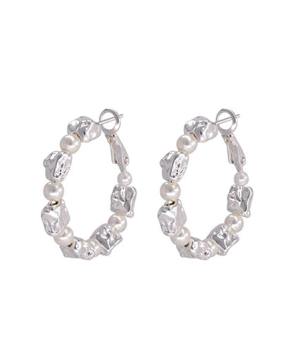 Boho Silver Silk Pearl Sterling Hoop Alloy Earrings