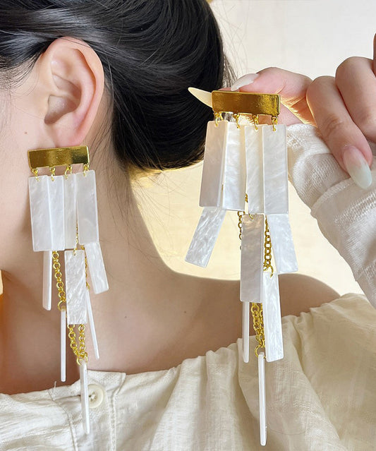 White Tassel Earrings Boho Alloy Drop Acrylic