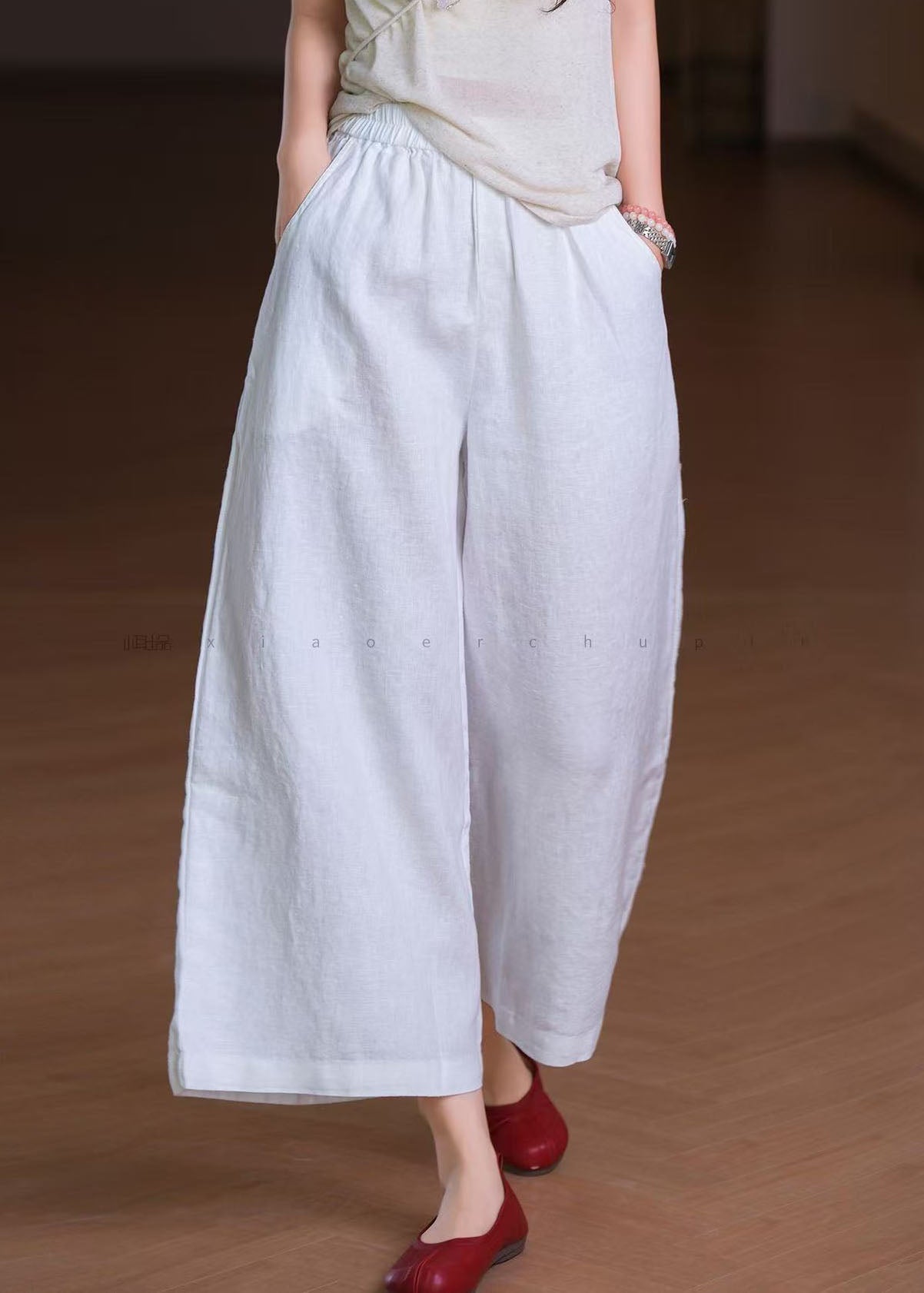 Boho Wide Summer Linen Pants Elastic White Leg Pockets Waist