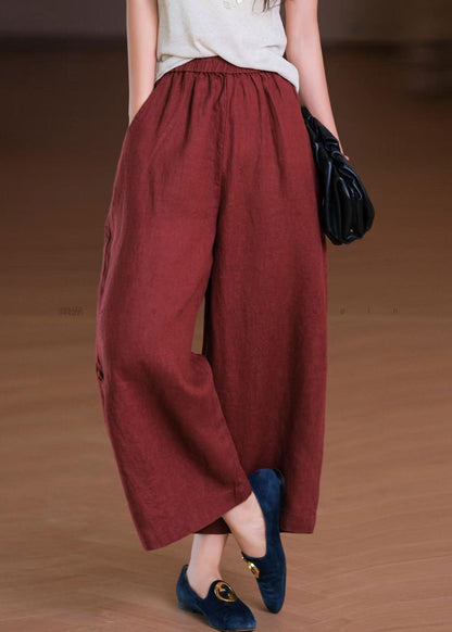 Boho Wide Summer Linen Pants Elastic White Leg Pockets Waist