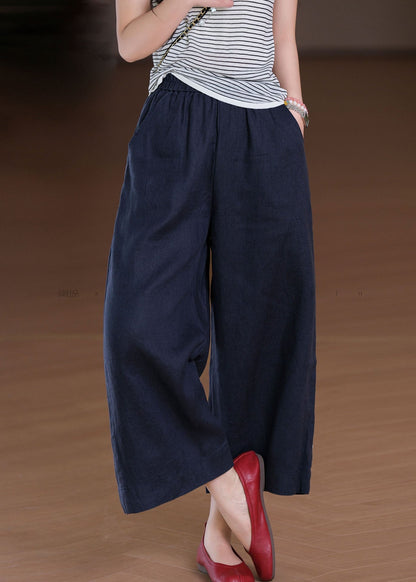 Boho Wide Summer Linen Pants Elastic White Leg Pockets Waist