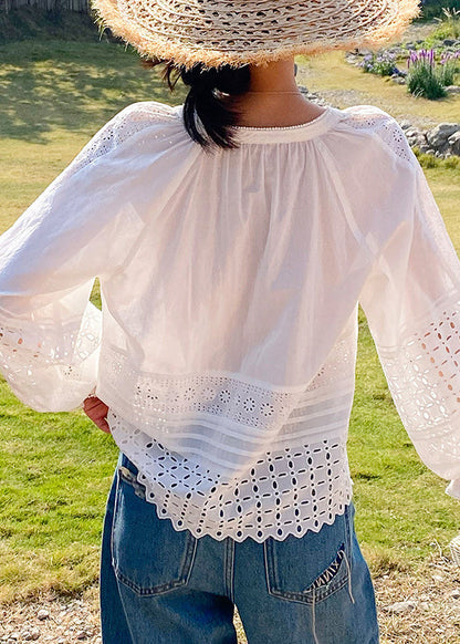 Butterfly Lace Boho Sleeve Shirt White Hollow Up Cotton Out