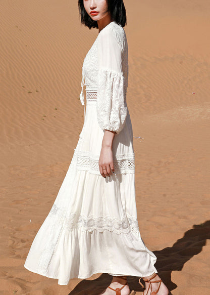 Sleeve Puff Long Out White Hollow Dress Boho Lace