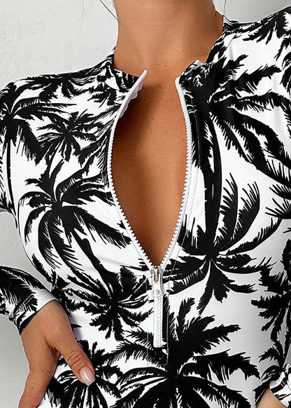 Boho White Print Zippered Bodysuit Swimwear VC018