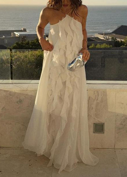 Ruffled White Up Lace Backless Maxi Chiffon Sleeveless Boho Dress