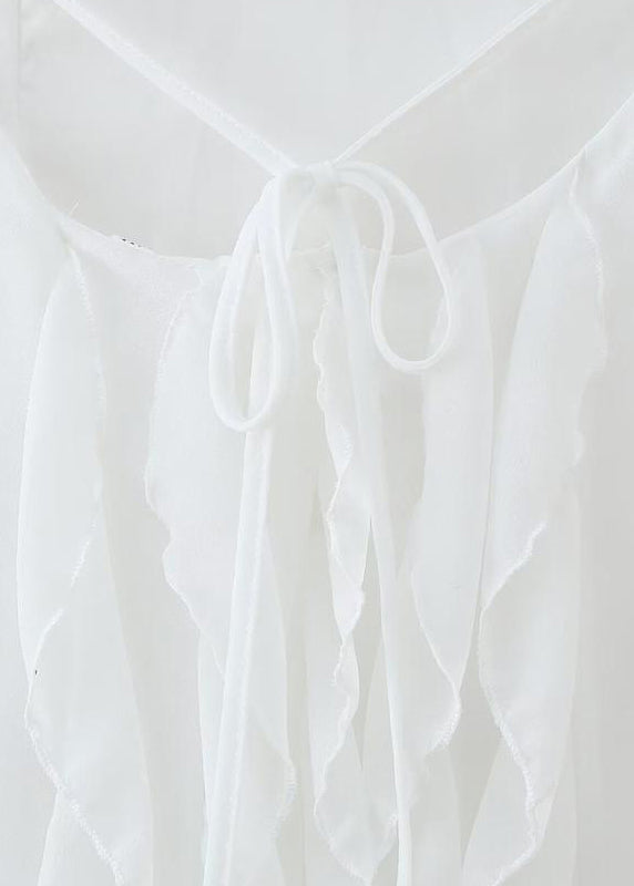 Ruffled White Up Lace Backless Maxi Chiffon Sleeveless Boho Dress