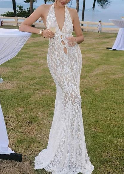 Dress Sleeveless Hollow Neck V White Lace Boho Ankle Out