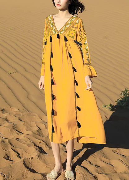 Fall Tasseled Cotton Dress Boho Patchwork Embroidered Yellow