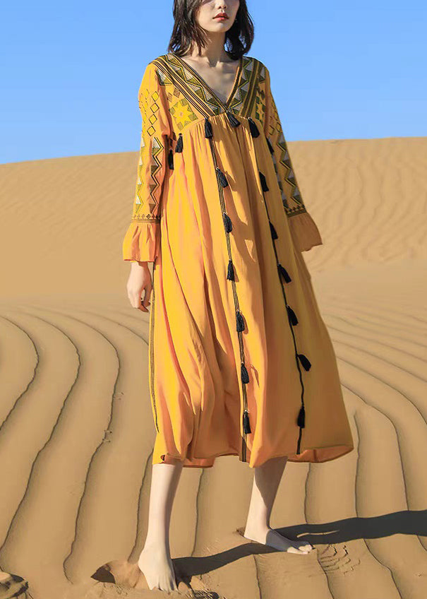 Fall Tasseled Cotton Dress Boho Patchwork Embroidered Yellow