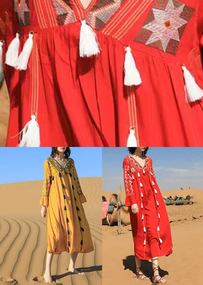 Fall Tasseled Cotton Dress Boho Patchwork Embroidered Yellow