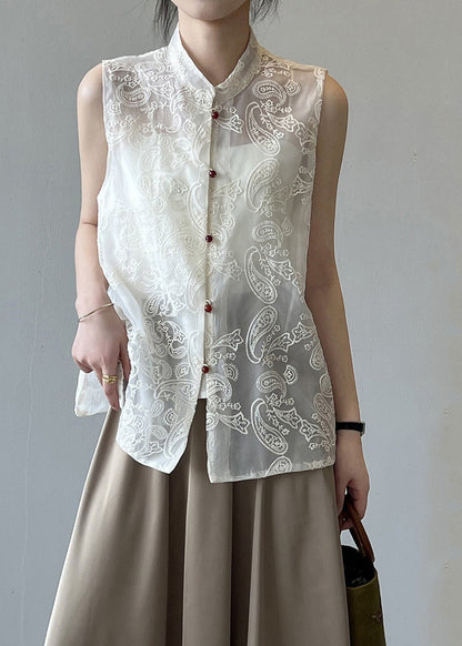 Gilet en tulle brodé à col montant beige Boutique Été VB1082