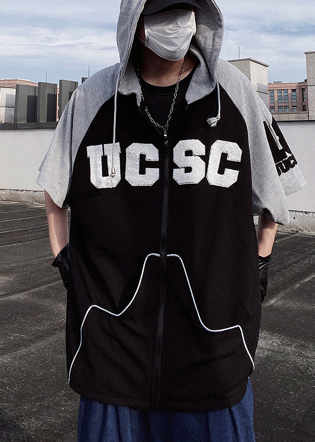 Cotton Patchwork Short Black Hooded Men Sweatshirt Boutique