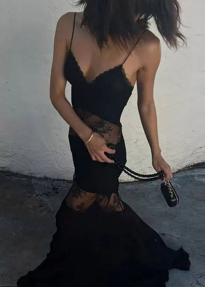 Silk Summer Spaghetti Strap Lace Patchwork Dress Boutique Black