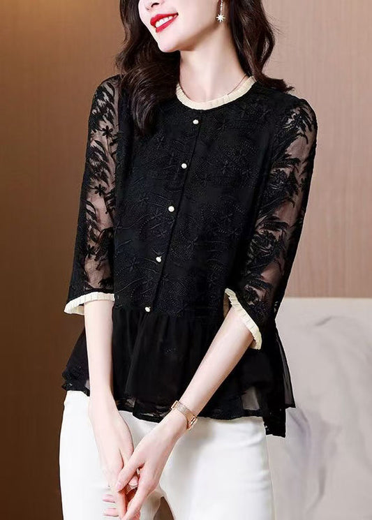 Shirt O-Neck Boutique Black Summer Top Silk Embroidered