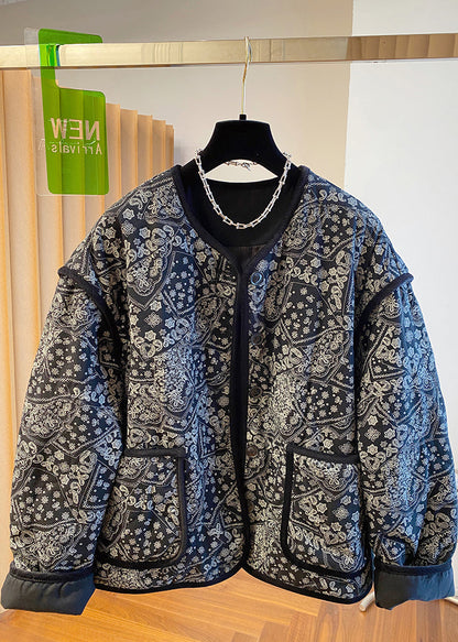 O Fine Boutique Black Neck Jackets Filled Pockets Print Cotton